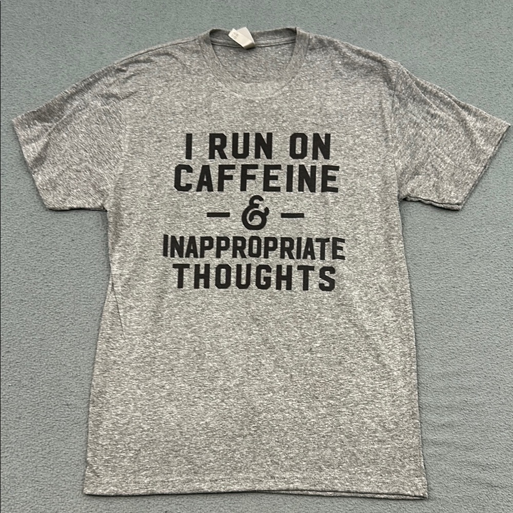 Gray “I Run on Caffeine” Graphic T-Shirt | Unisex Size Small | Coffee Lover Tee